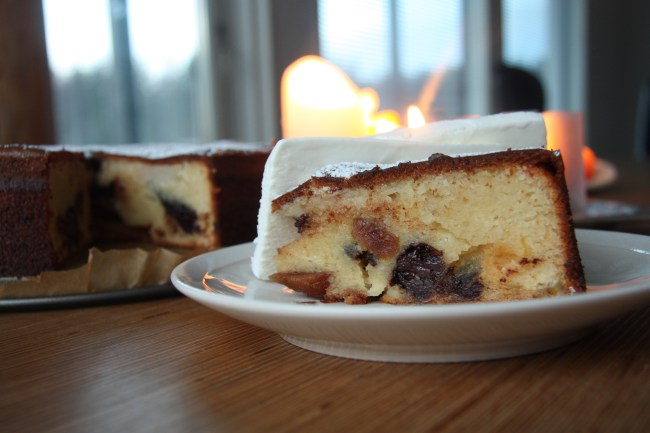 slice of almond pear and fig cake