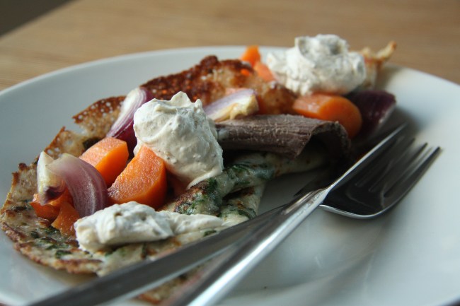 spinach crepes with moose roast