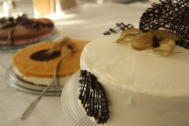party cakes with chocolate garnish